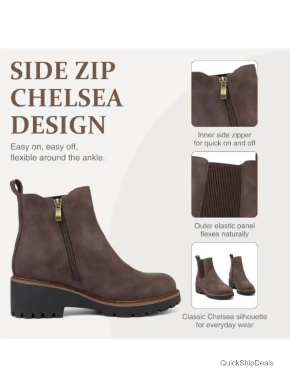 Women's Chelsea Wedge Boots Side Zip Lug Sole Round Toe Fall Ankle Boots